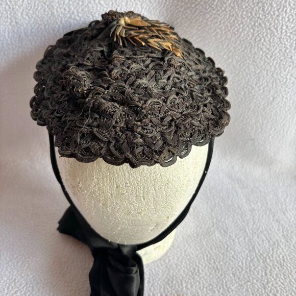 Antique Victorian Black Woven Ribbon Bonnet with Wheat Accents main image 7